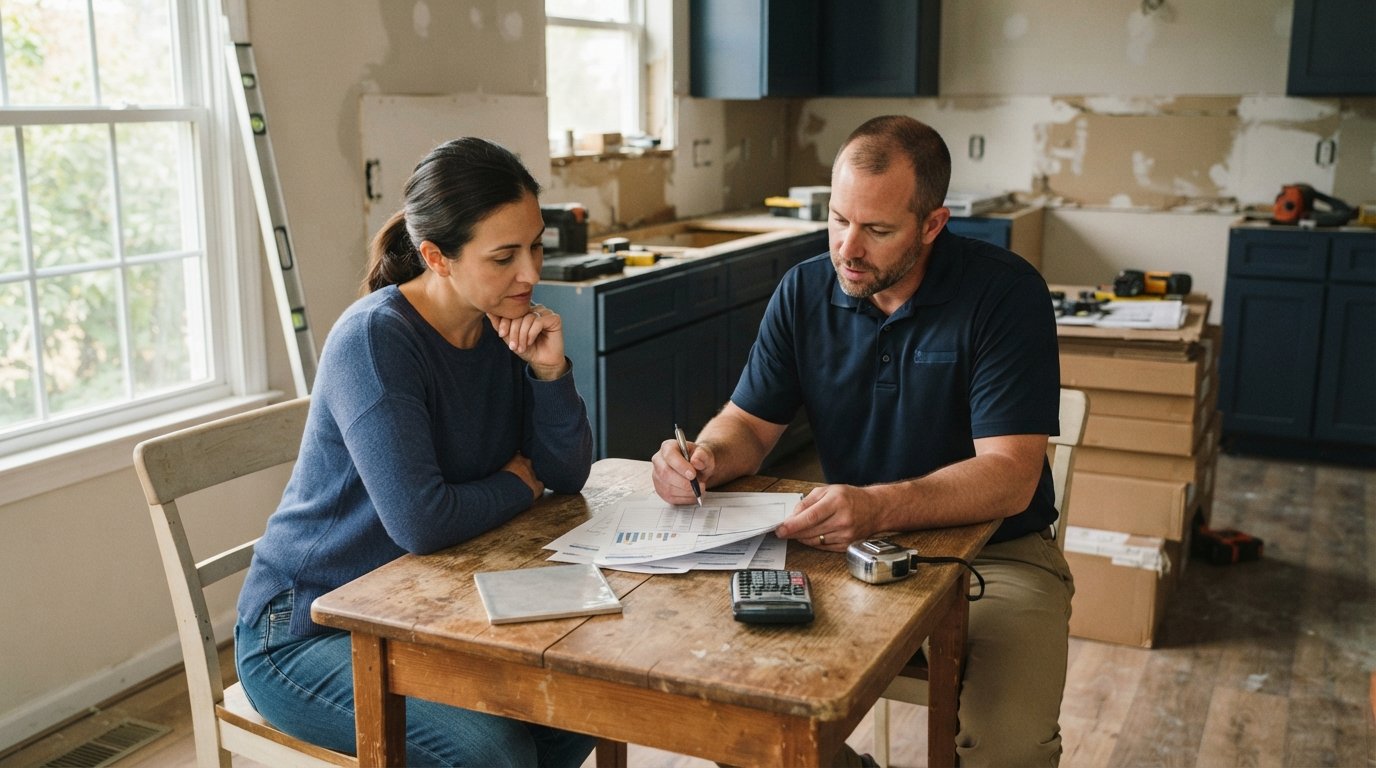Homeowner and contractor review a printed bid at a kitchen table with a tile sample, calculator, and measuring tape,…