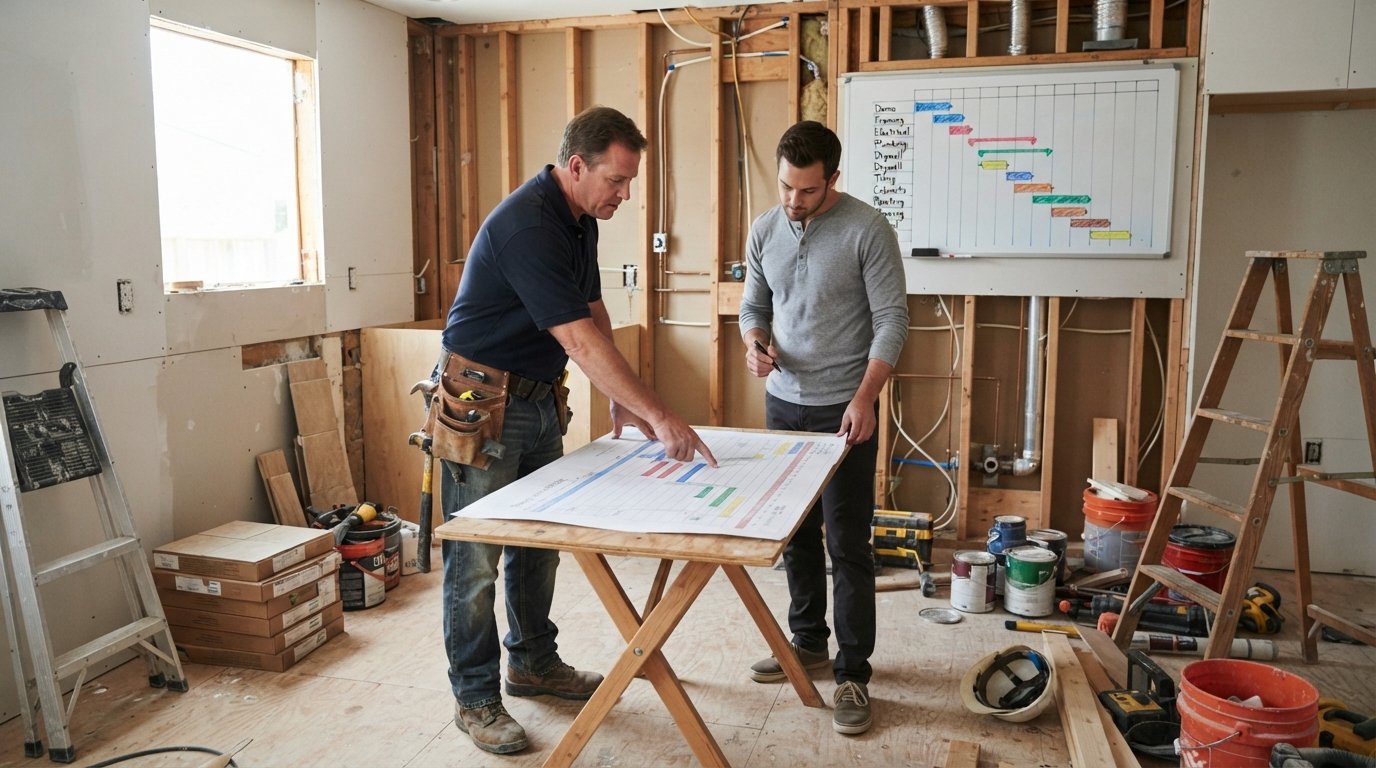 Contractor in navy polo points at a printed timeline on a folding table as a homeowner reviews it with a pen in a kitchen…