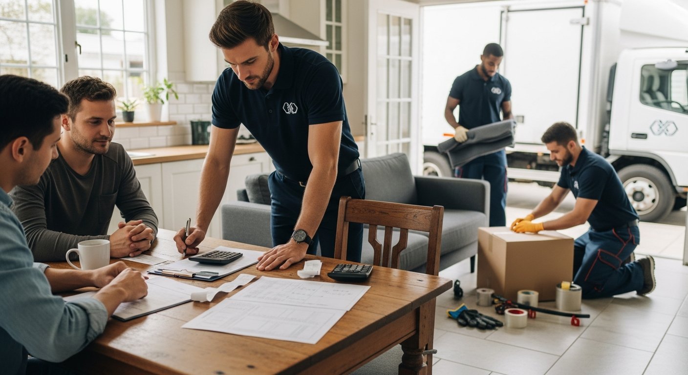 Moving consultant and homeowner review estimate paperwork at a kitchen table while movers pack furniture in the background