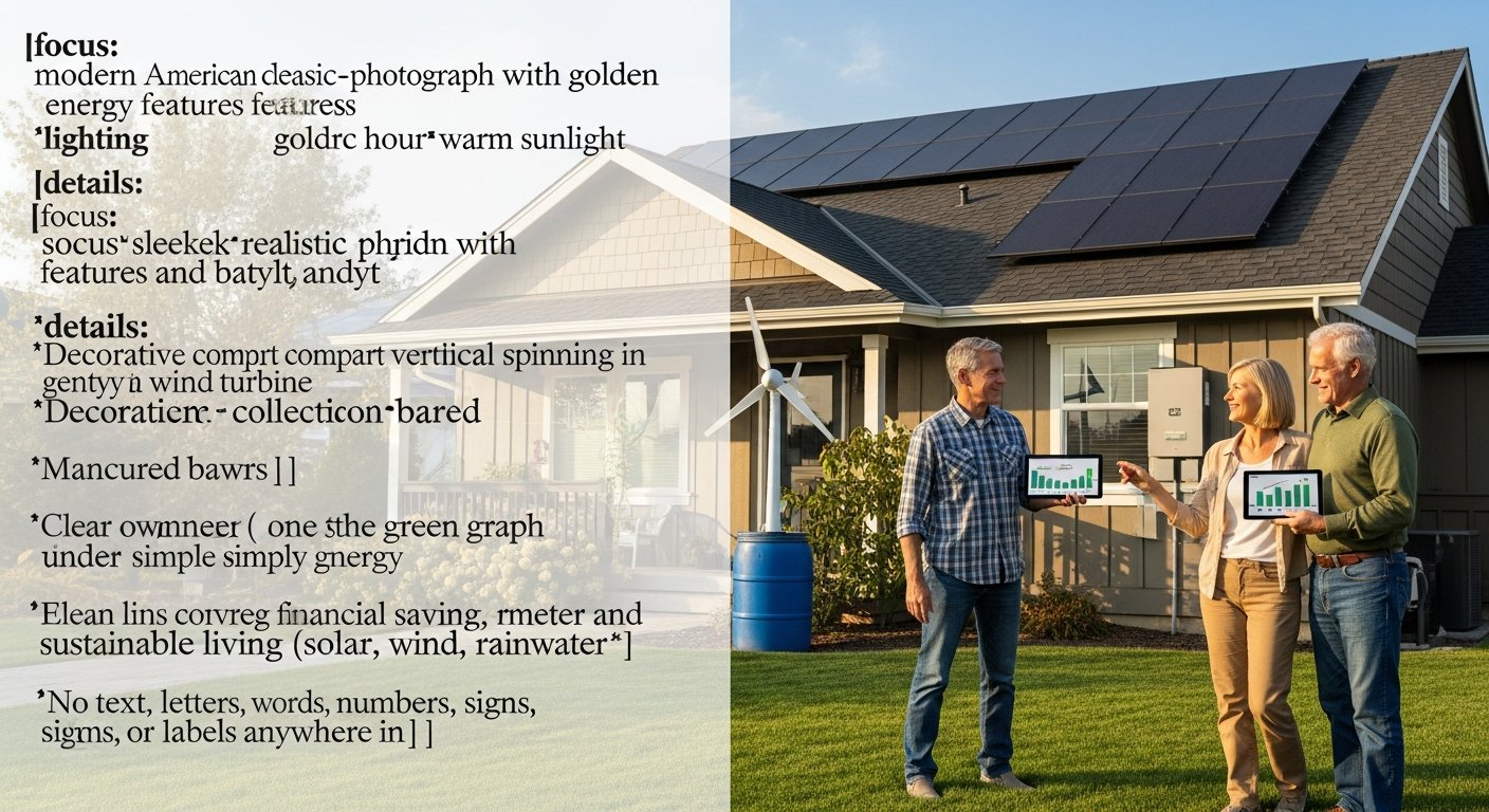 Modern suburban home with black solar panels on the roof, a small wind turbine in the backyard, and a couple with a tablet…