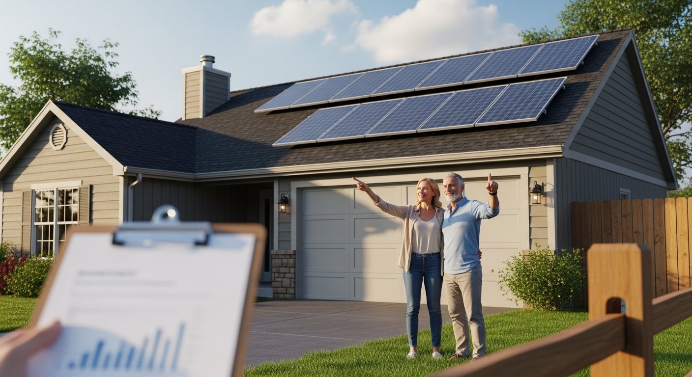 A couple stands in their driveway pointing at solar panels on the roof of their house, with a clipboard on the fence in the…