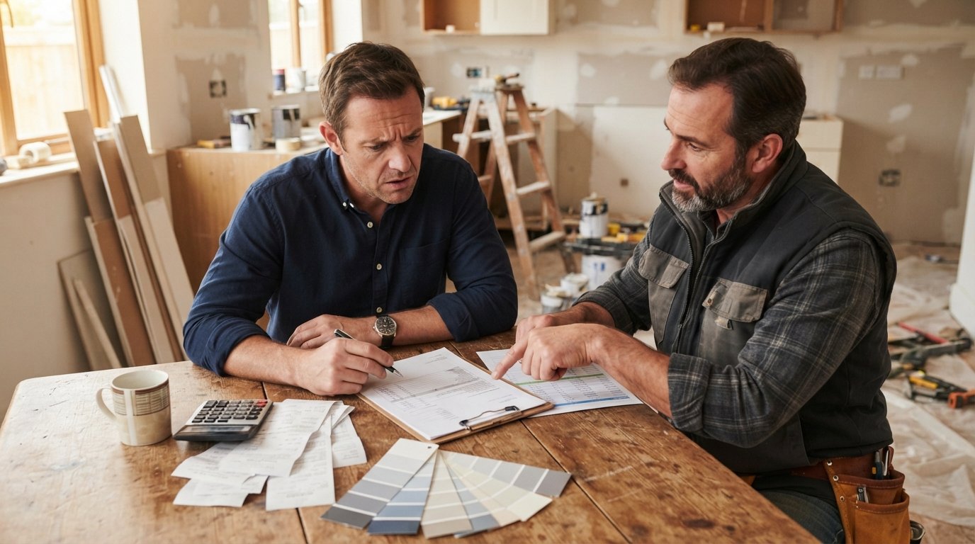 Homeowner reviews an invoice with a calculator and receipts as a contractor points to a budget spreadsheet in a…