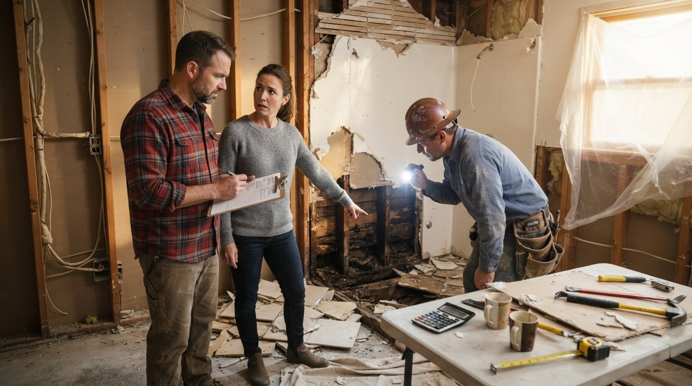 Couple with clipboard and spreadsheet in a gutted kitchen as a contractor inspects a rotting joist with a flashlight