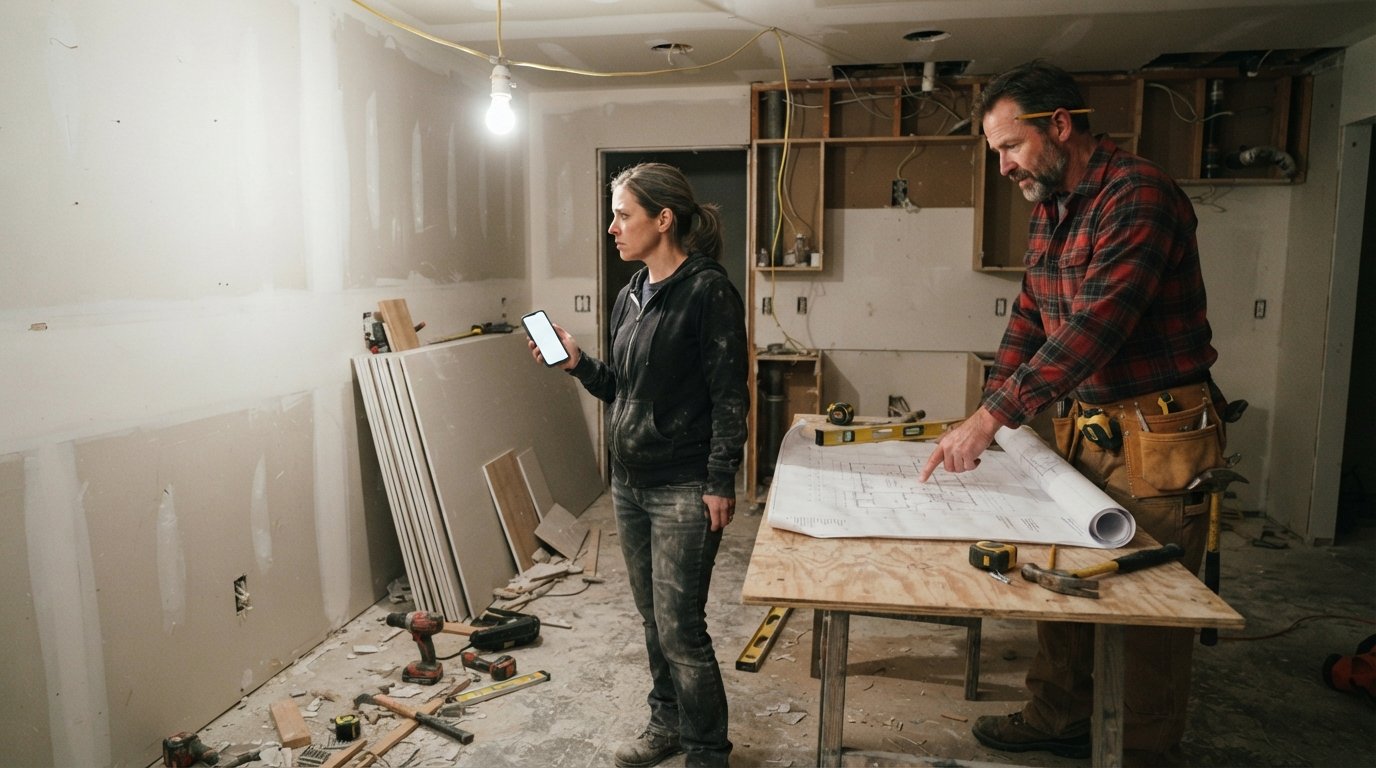 Homeowner in dusty clothes looks at smartphone in a half-demolished kitchen while a contractor points at blueprints on a…