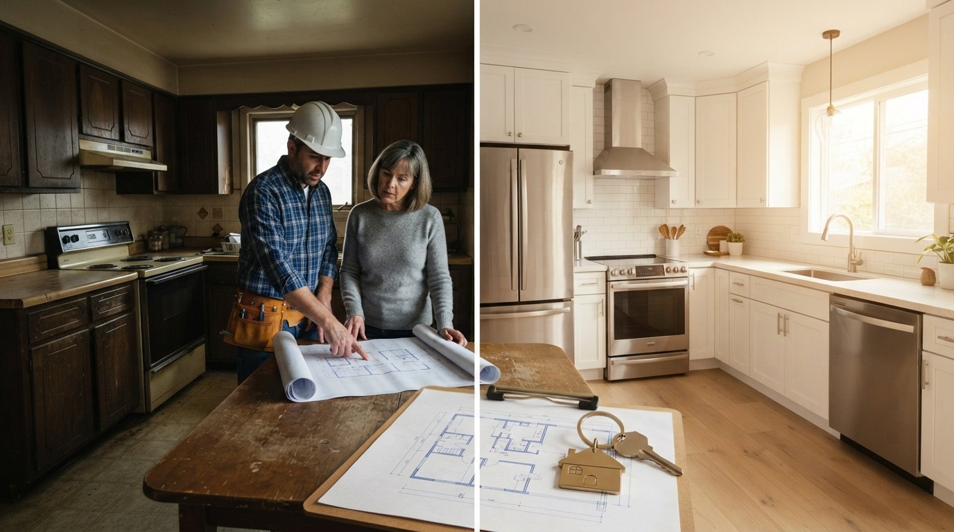 Contractor in hard hat reviews blueprints with homeowner in a dated 1980s kitchen beside the same kitchen renovated with…
