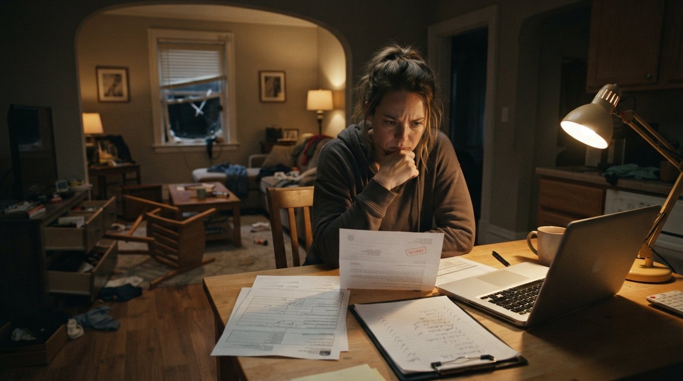 Renter at a kitchen table holding a denial letter beside a police report, inventory list, laptop, and a ransacked living…