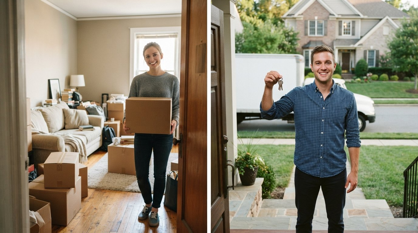 Woman holding a moving box in an apartment doorway next to a man with house keys on a suburban porch