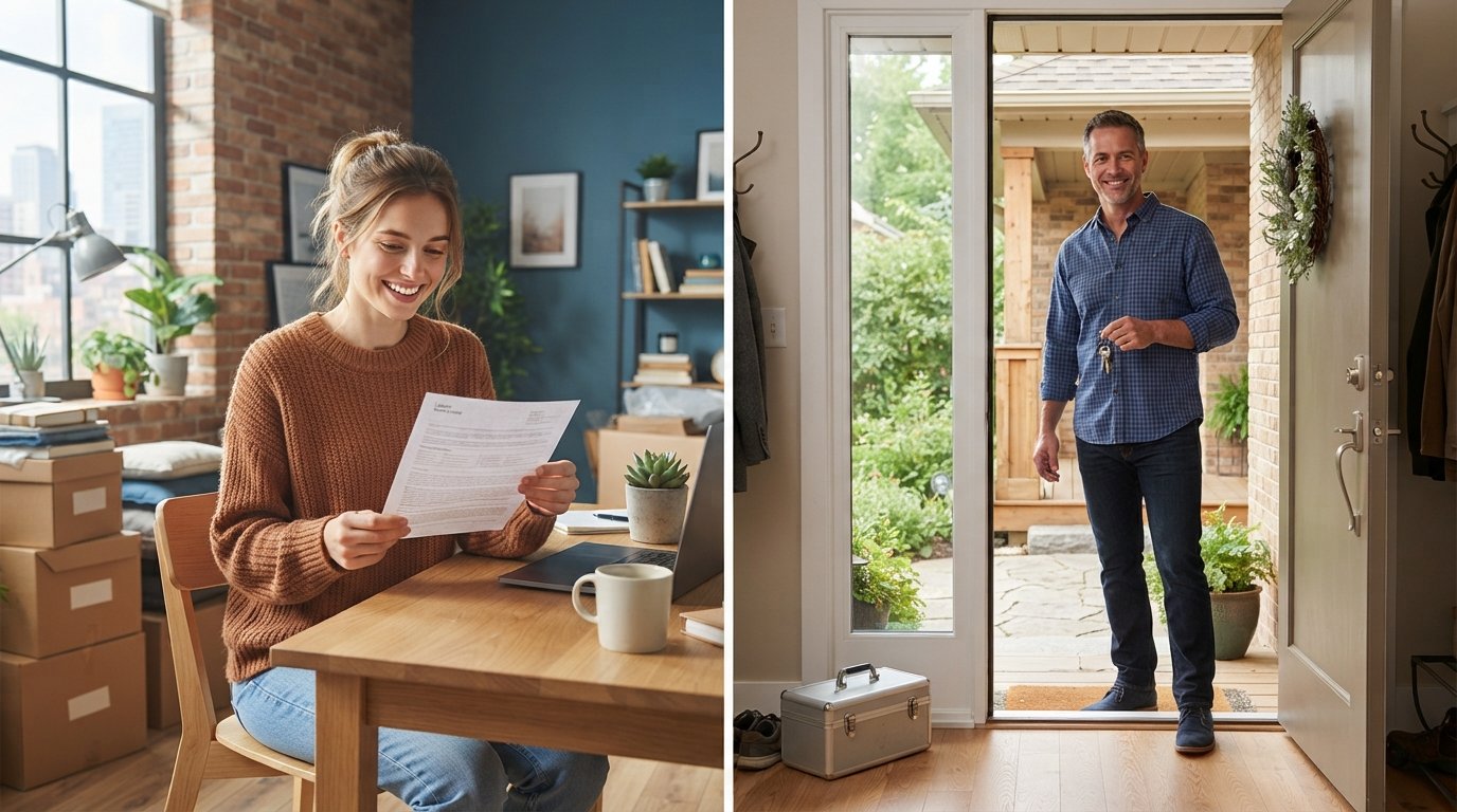 Split scene: a woman holds a lease by moving boxes in a rented apartment, and a man holds house keys in the doorway of an…