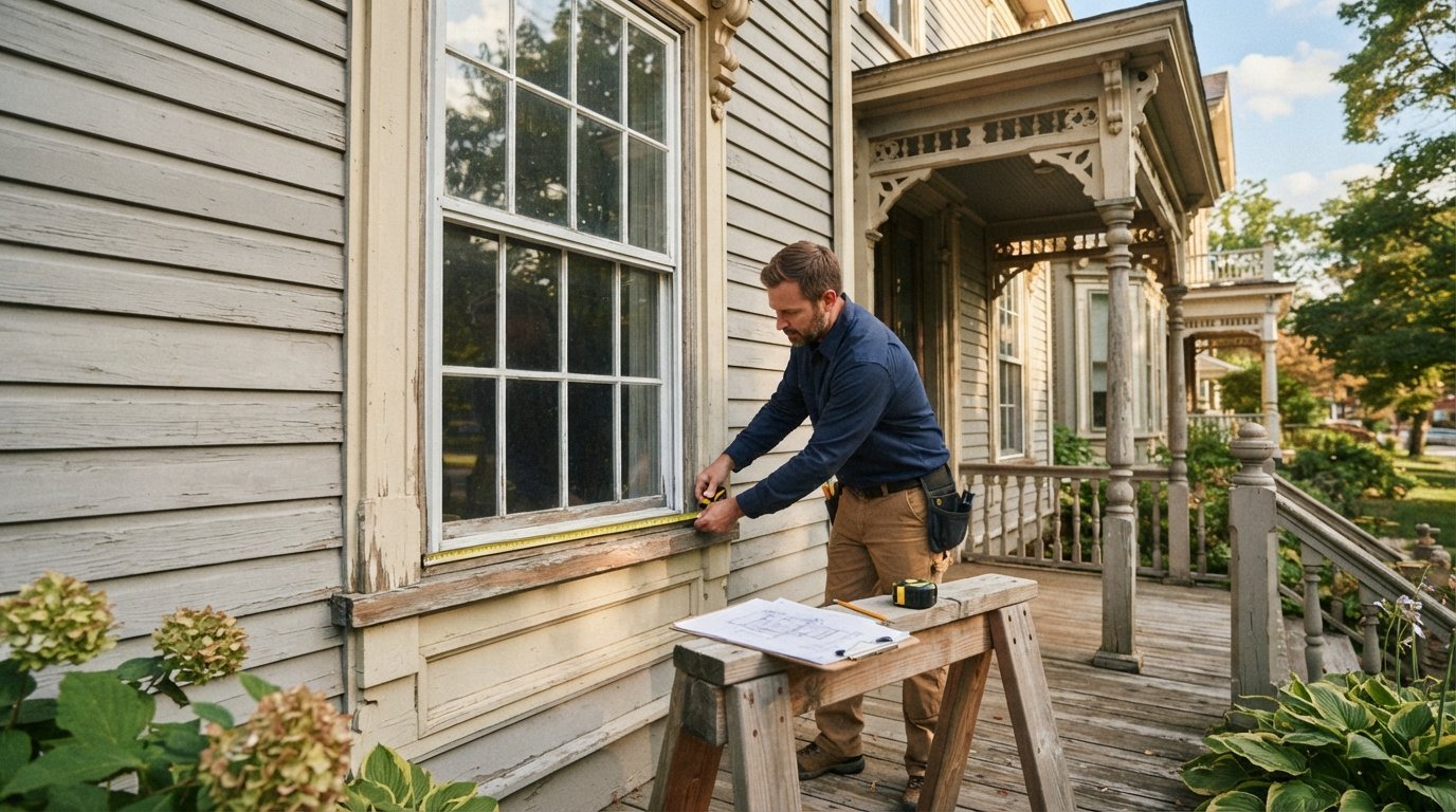 Contractor in navy shirt and khaki pants measures the wooden sill of a tall multi-paned double-hung window on a weathered…