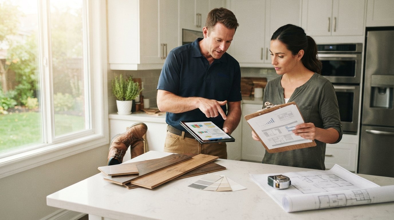Homeowner holding clipboard and reviewing printed quote sheets while contractor points to estimate on tablet in bright…