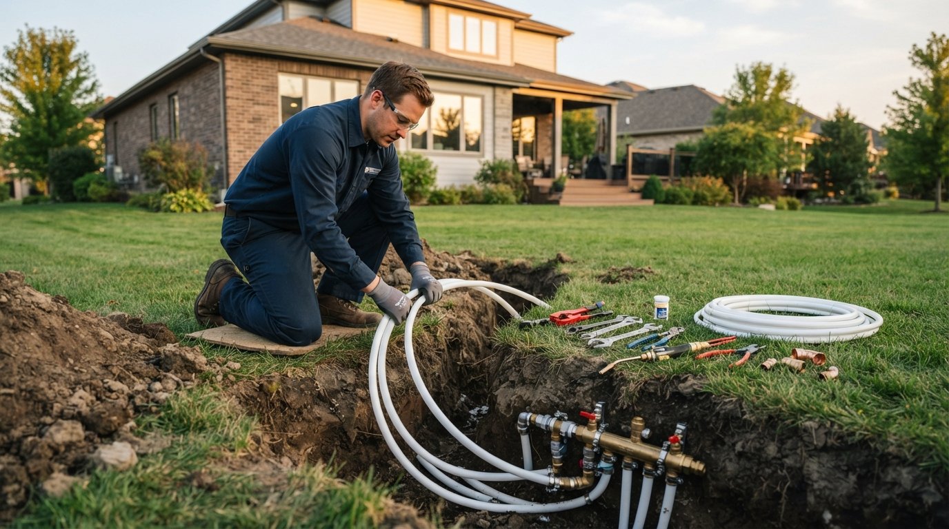 Technician in navy uniform kneeling beside a trench with white HDPE ground loop pipes and copper fittings on a green lawn