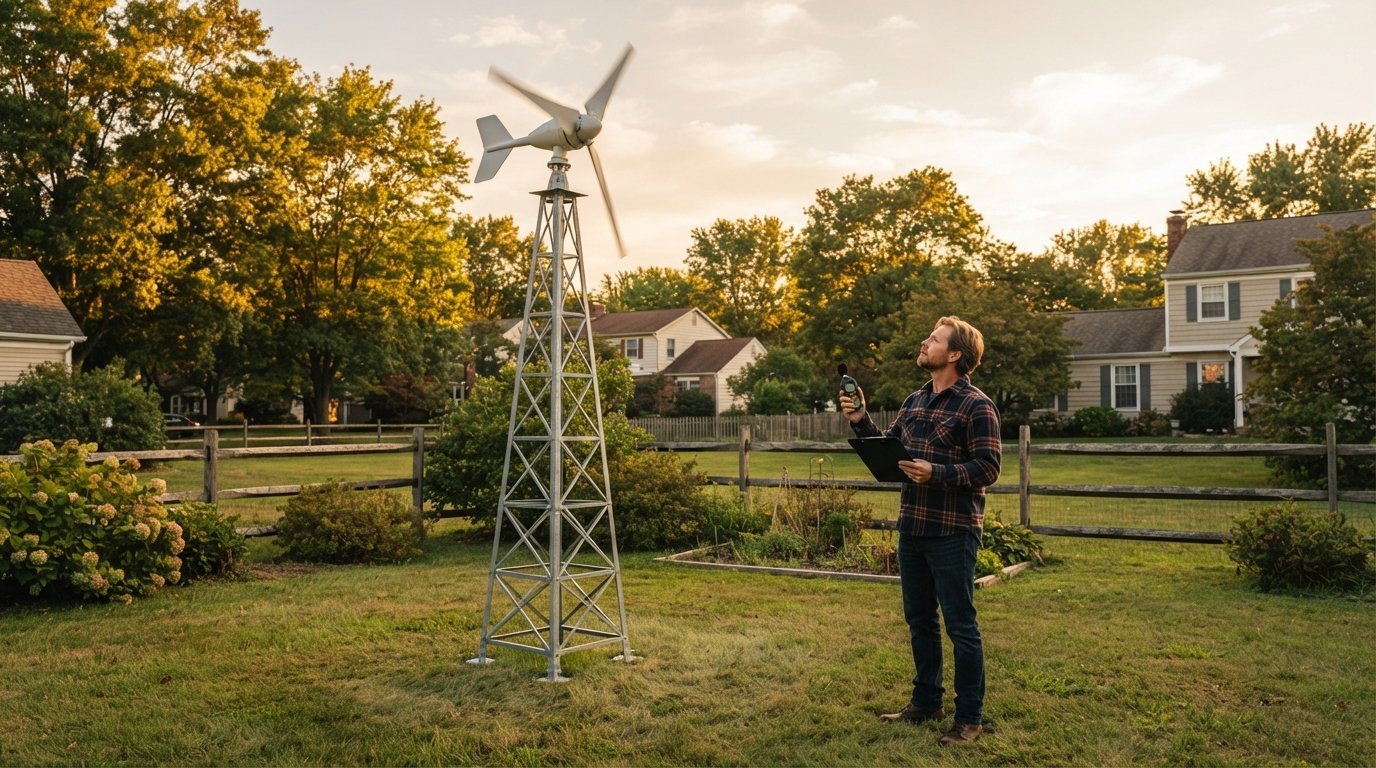 Homeowner with a clipboard and sound level meter on a lawn, facing a small wind turbine on a metal tower beside a…