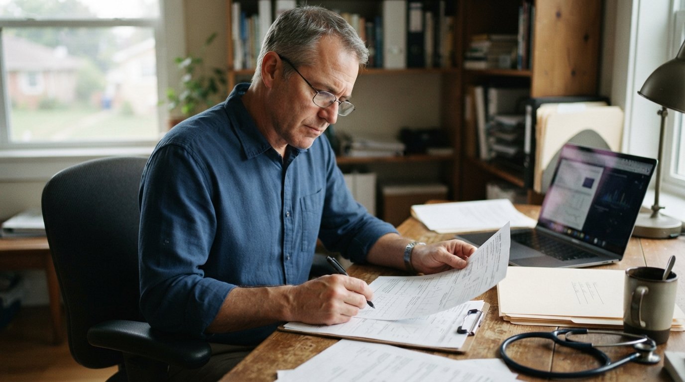 Middle-aged man in a button-down shirt reviews a printed form with a pen at a wooden desk, laptop and medical folder nearby