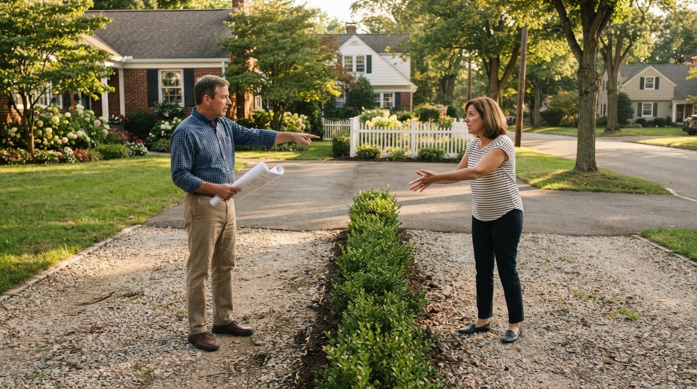 Two homeowners stand on opposite sides of a low hedge crossing a gravel easement, one holding rolled documents and pointing…