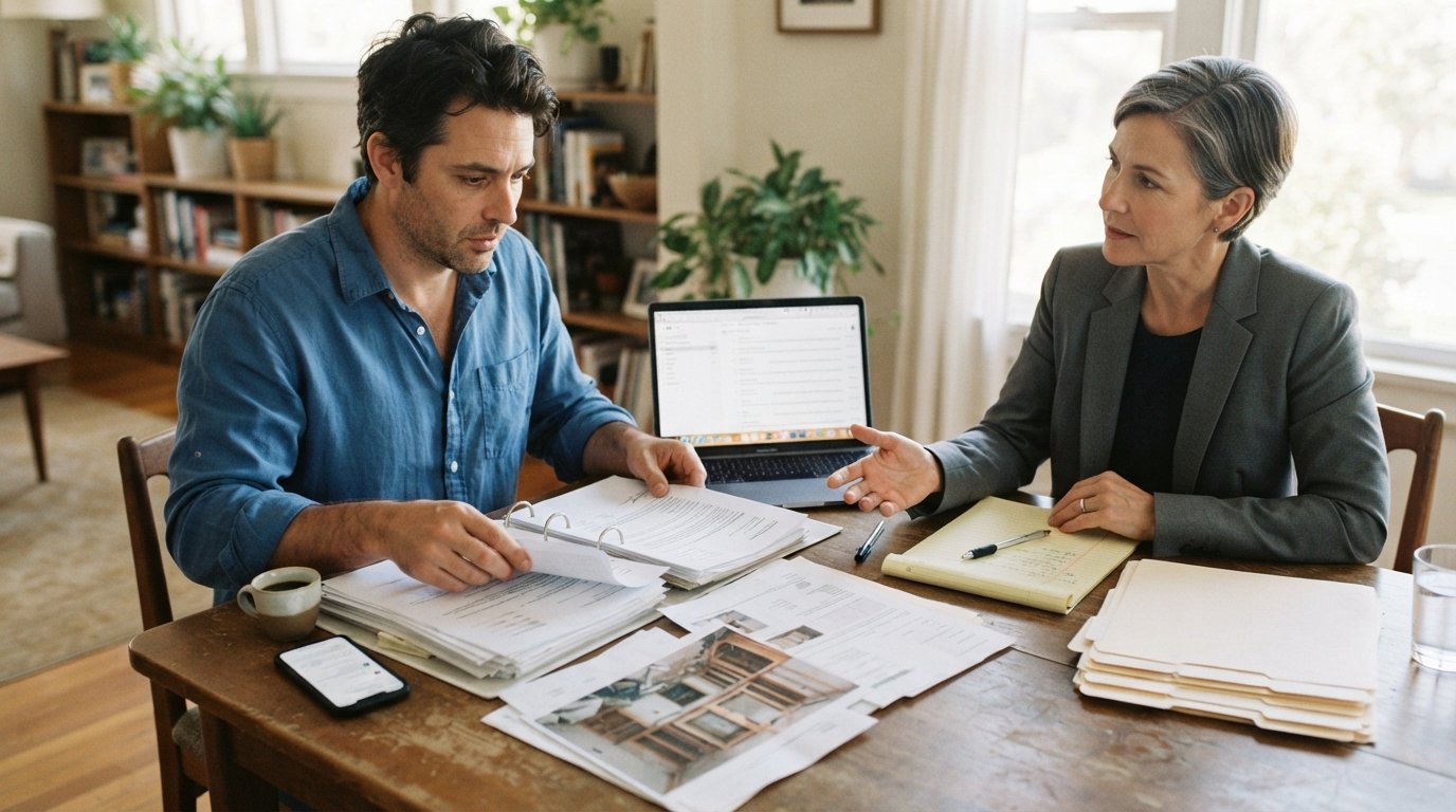 Frustrated homeowner in blue shirt sorting contractor contracts, receipts, and photos at a wooden table while a mediator in…