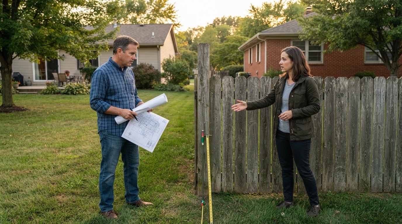 Two homeowners stand on opposite sides of a weathered wooden fence, one holding rolled property papers and a plat map, a…