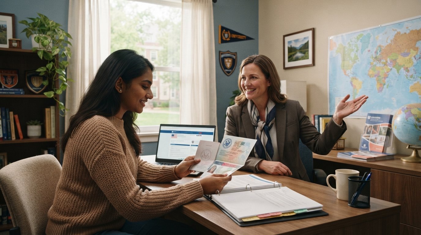 International student reviews a passport and visa paperwork at a desk with a laptop, while an advisor gestures toward a…