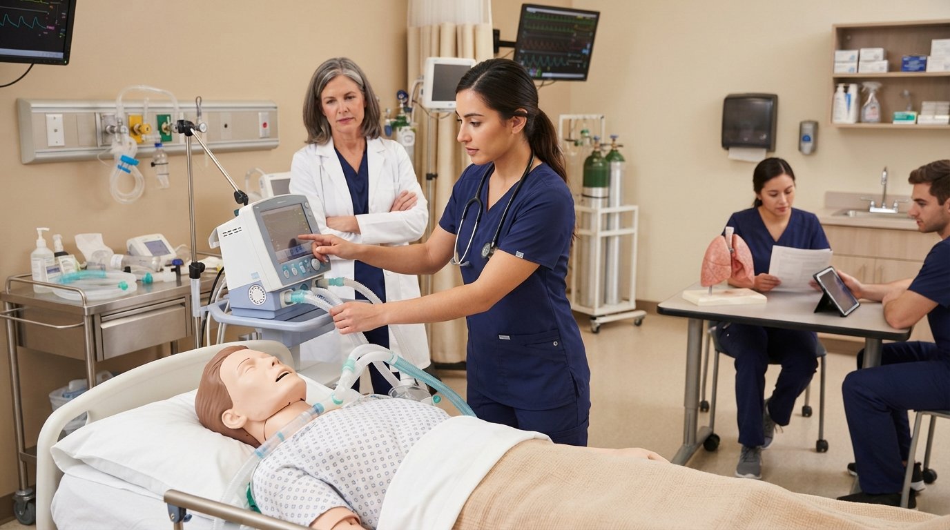 Respiratory therapy student in navy scrubs adjusts a ventilator beside a training mannequin as an instructor in a white…