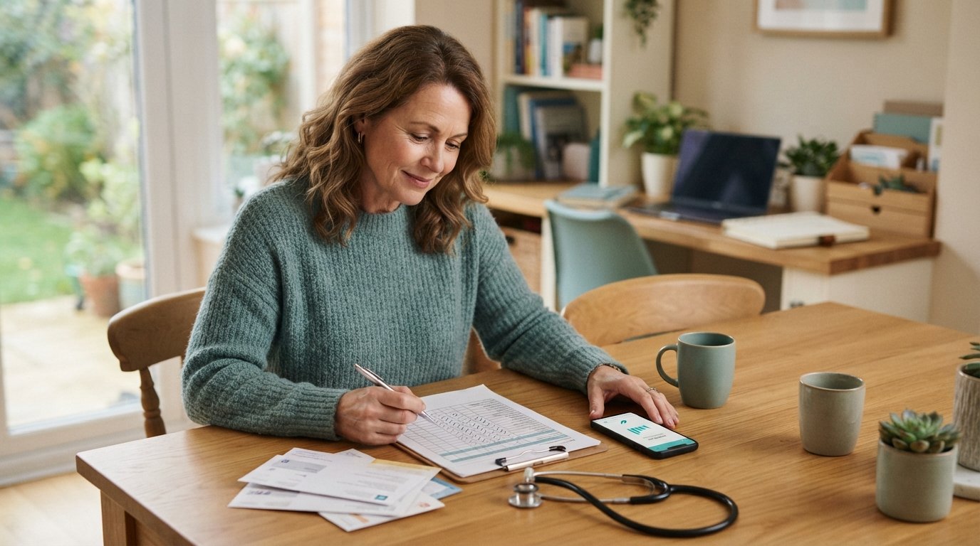 Middle-aged woman at a kitchen table reviewing a printed loan repayment plan next to medical bills and a stethoscope, with…