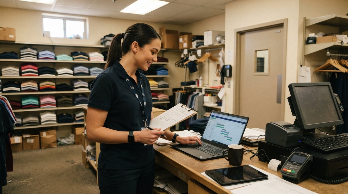 Retail worker in a polo shirt and lanyard reviews inventory on a clipboard beside a laptop showing scheduling software in a…
