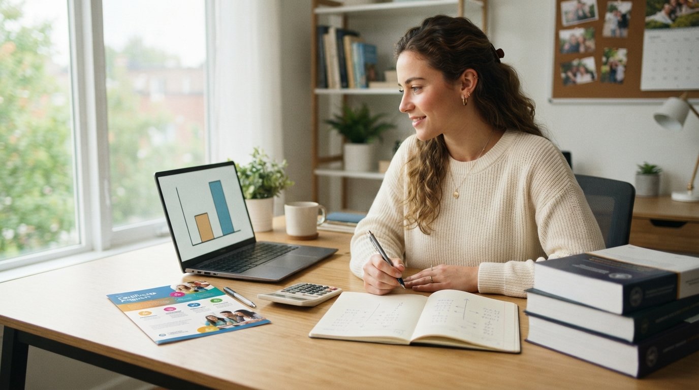 Student at a desk with a certificate brochure, university textbooks, laptop bar chart, calculator, and cost notes