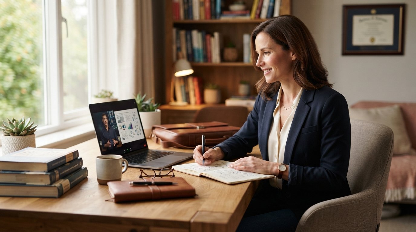 Woman in her 40s at a home desk with a laptop, textbooks, and coffee, watching an online lecture