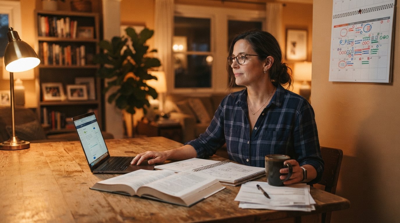 Middle-aged adult in a button-down shirt sits at a kitchen table with a laptop, textbook, notebook, coffee mug, bills, and…
