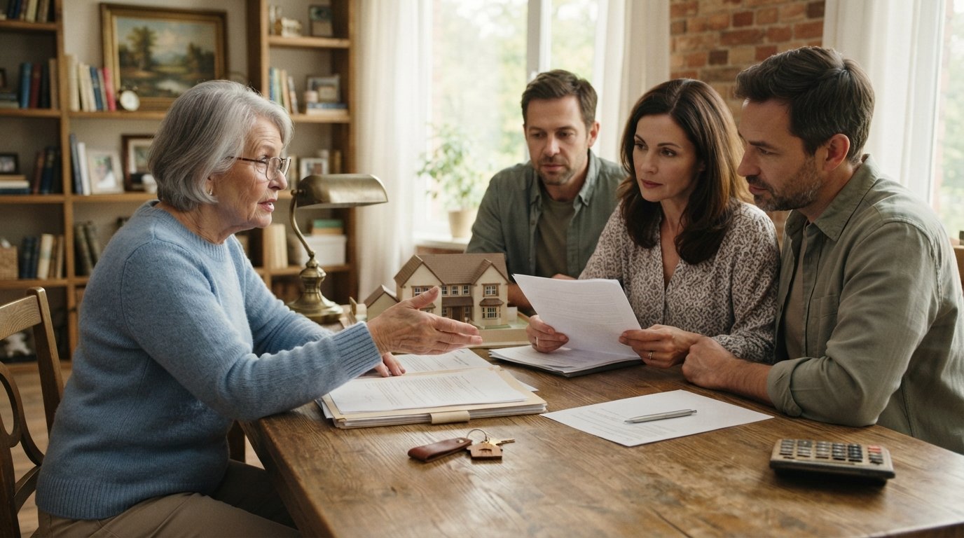 Adult heirs and an elderly parent review paperwork, a house deed, calculator, pen, and a small house model at a wooden…