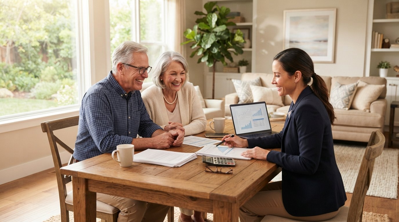 Senior couple smiling at a dining table with a female financial advisor, reviewing paperwork beside a laptop and calculator…
