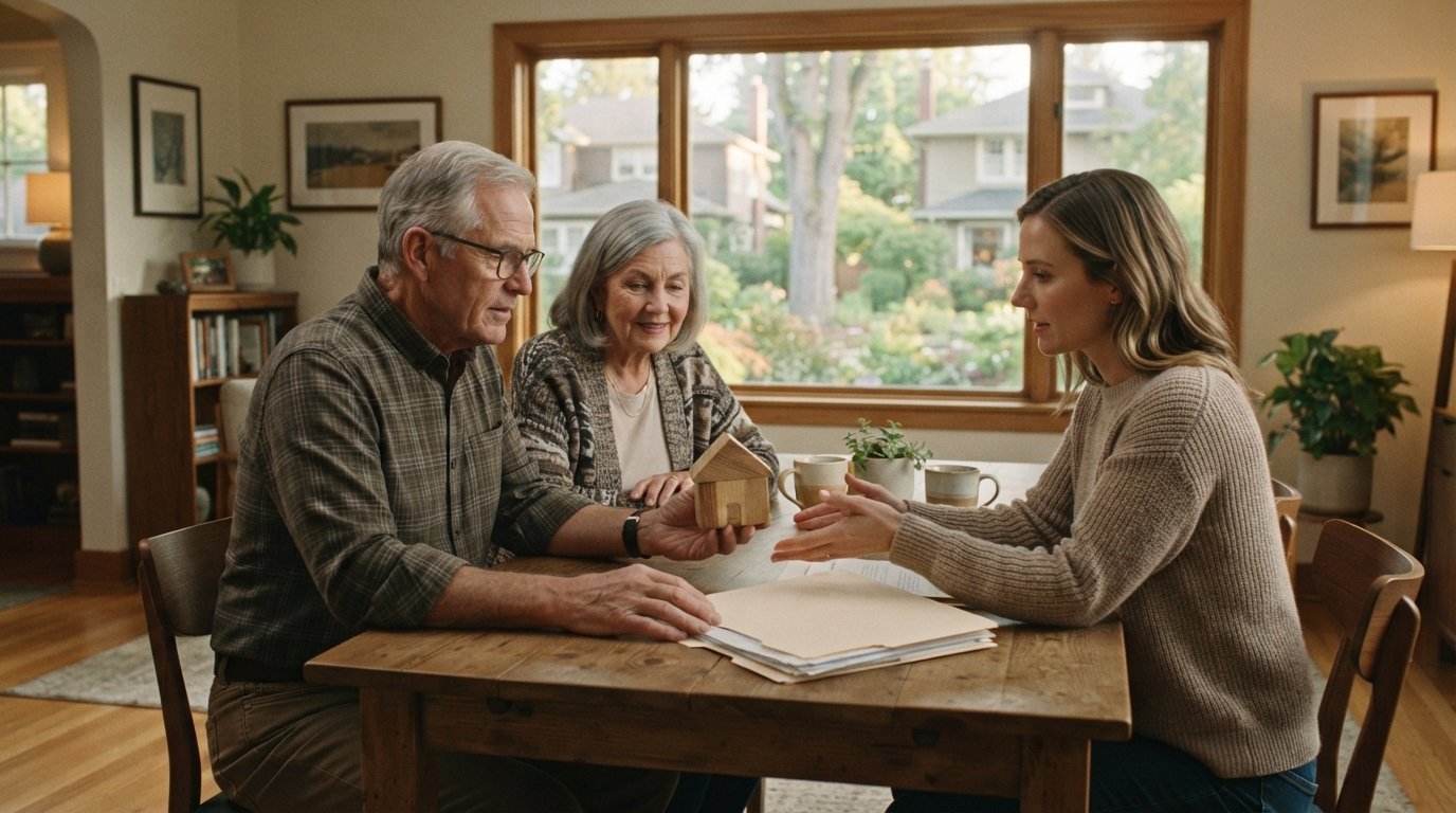 Senior couple and adult daughter at a dining table with a wooden house block and closed folder, suburban home visible…