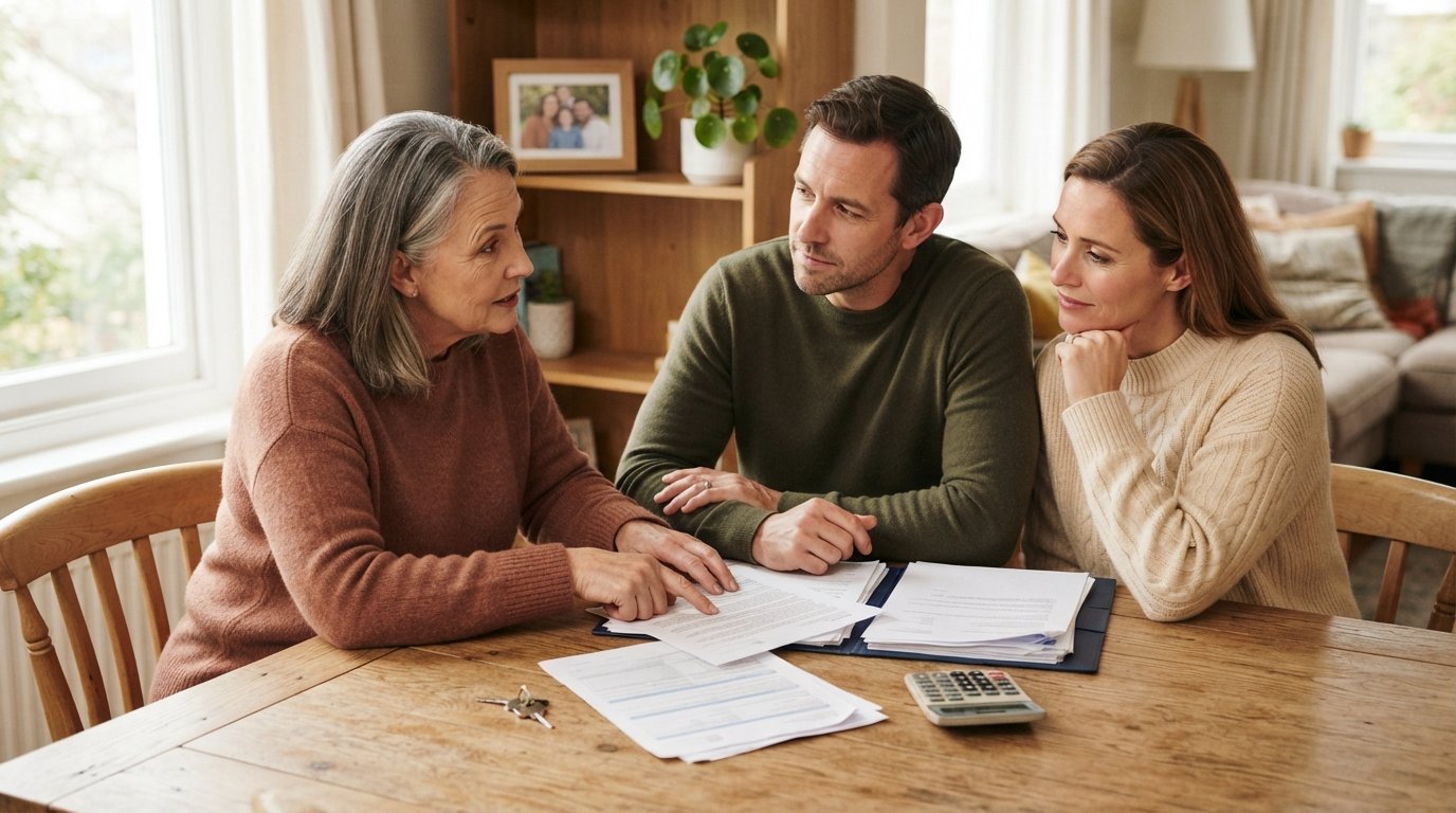 Three adults in sweaters at a wooden table reviewing paperwork and a house key, with a calculator and folder nearby