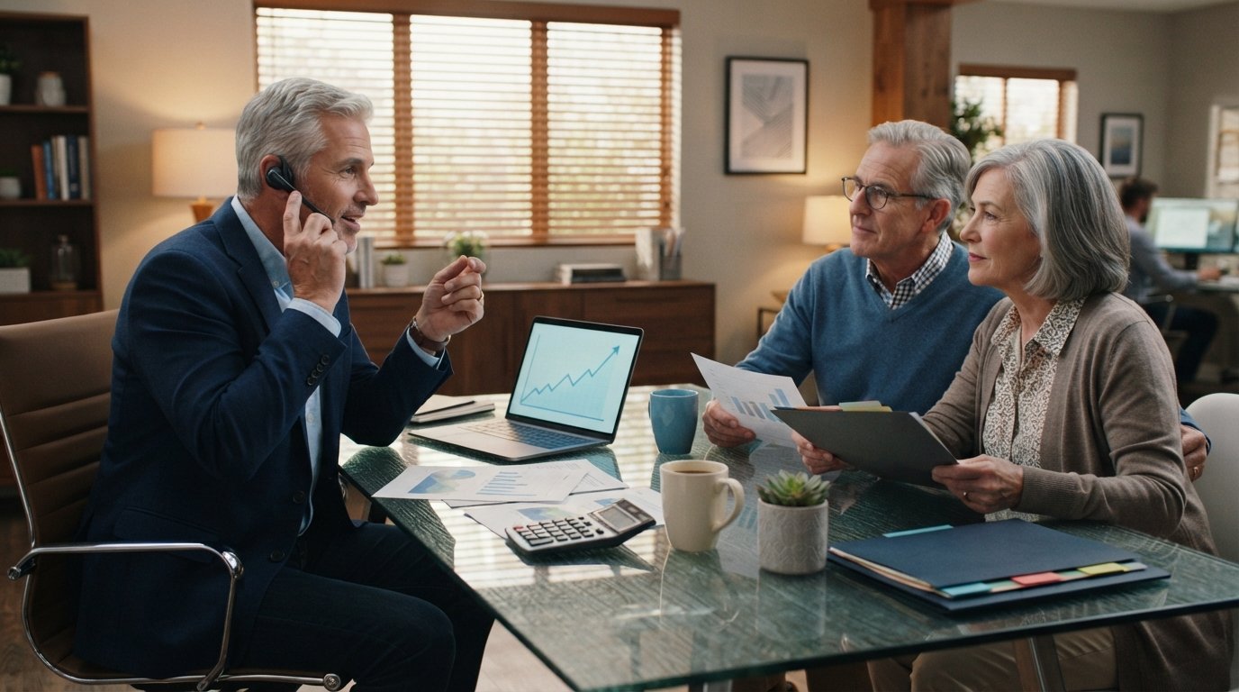 Silver-haired loan officer in navy blazer on a headset reviewing rate charts at a glass desk with a senior couple holding…