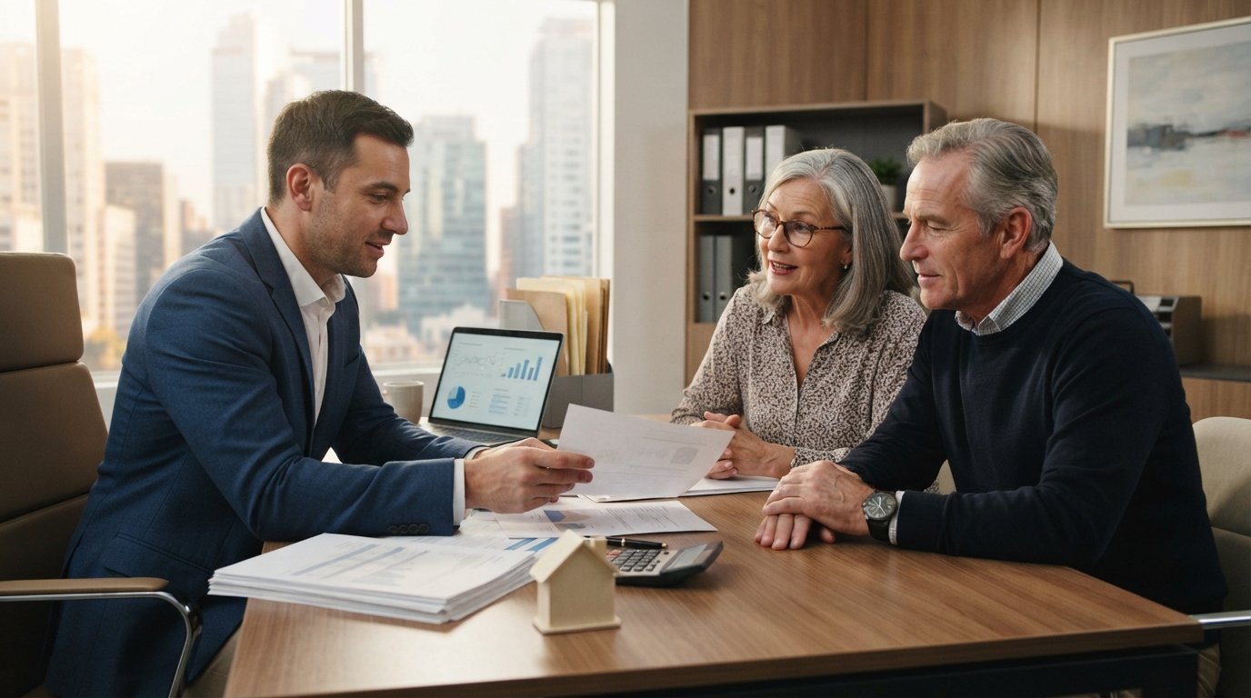 Lender at a desk reviewing printed property reports with an older couple seated across from him, laptop and model house…