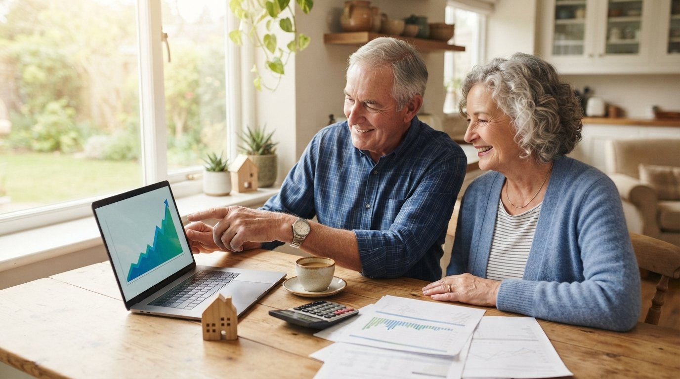 Retired couple at a sunlit kitchen table reviewing documents beside a laptop with a rising graph, calculator, and small…