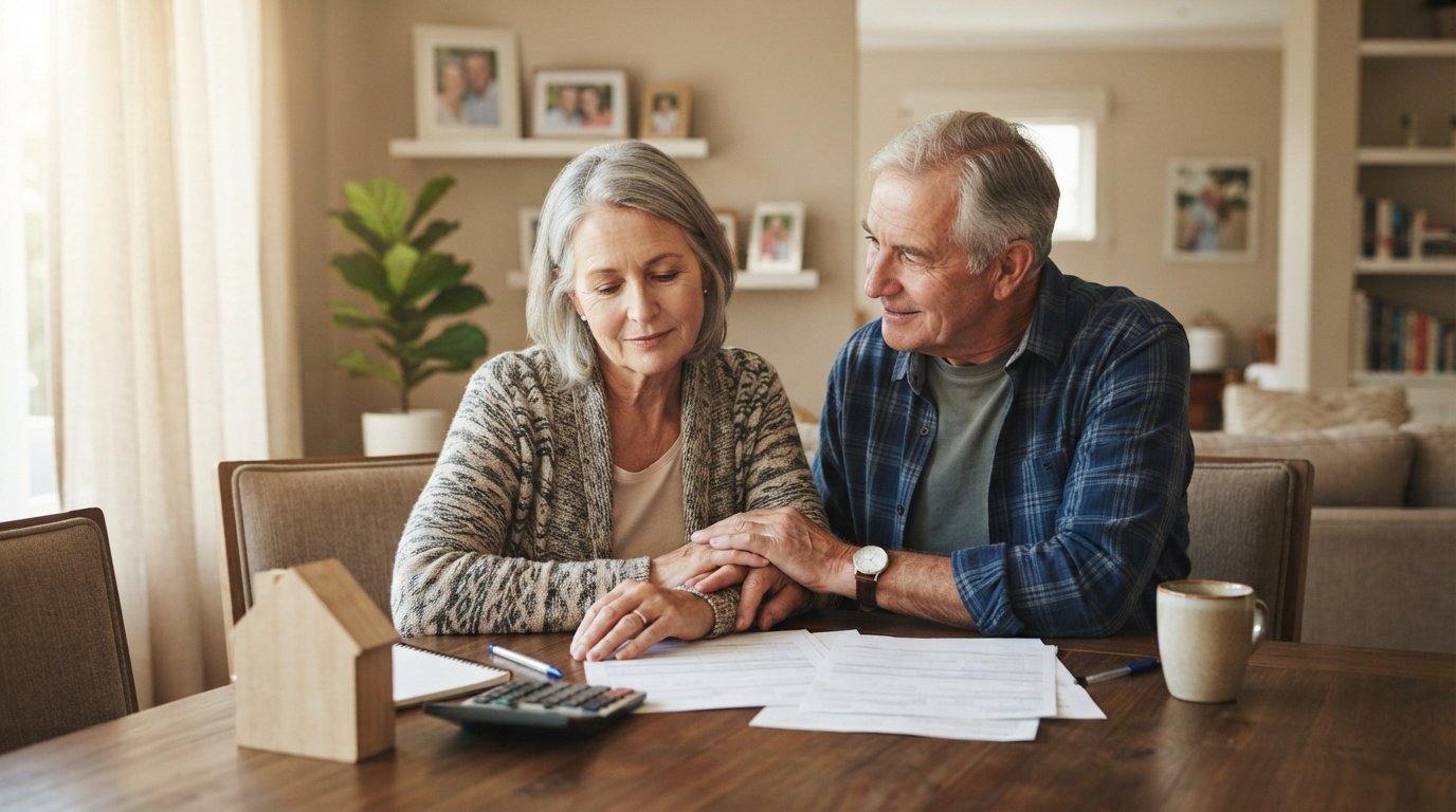 Older couple at a wooden dining table reviewing paperwork with a calculator and house model, hands clasped reassuringly
