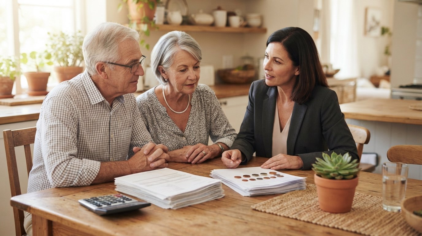 Senior couple and advisor at a wooden table reviewing two document stacks, a calculator, coins, and a small plant in window…
