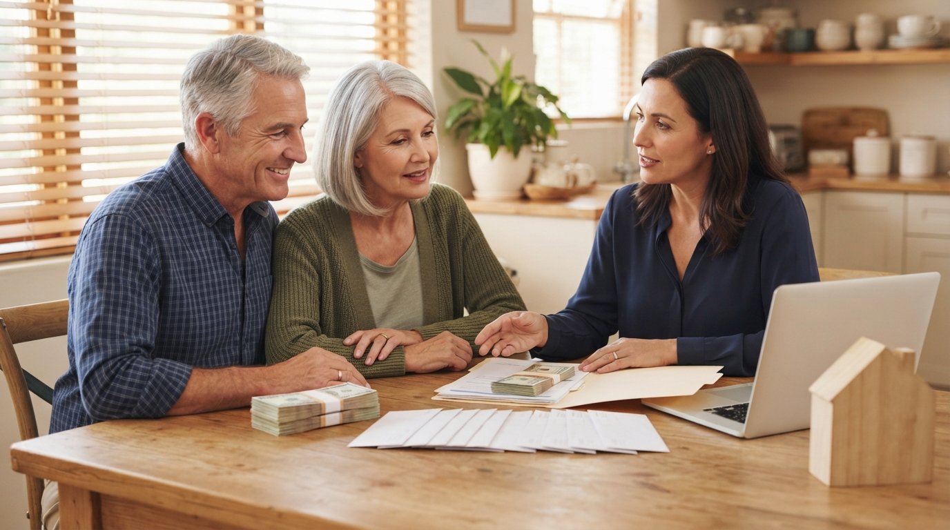 Older couple at a kitchen table with an advisor, looking at cash stacks, envelopes, an open folder, a laptop, and a wooden…