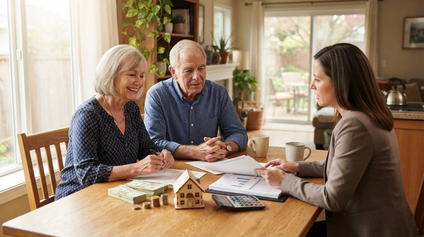 Retired couple reviewing paperwork with a financial advisor at a sunlit kitchen table, with coins, a calculator, and a…