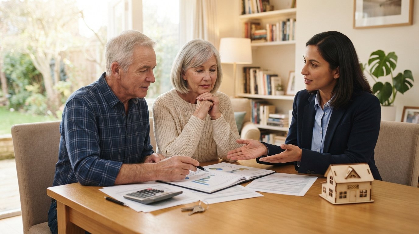 Retired couple at a kitchen table with a calculator, paperwork, and a model house, discussing home equity with an advisor