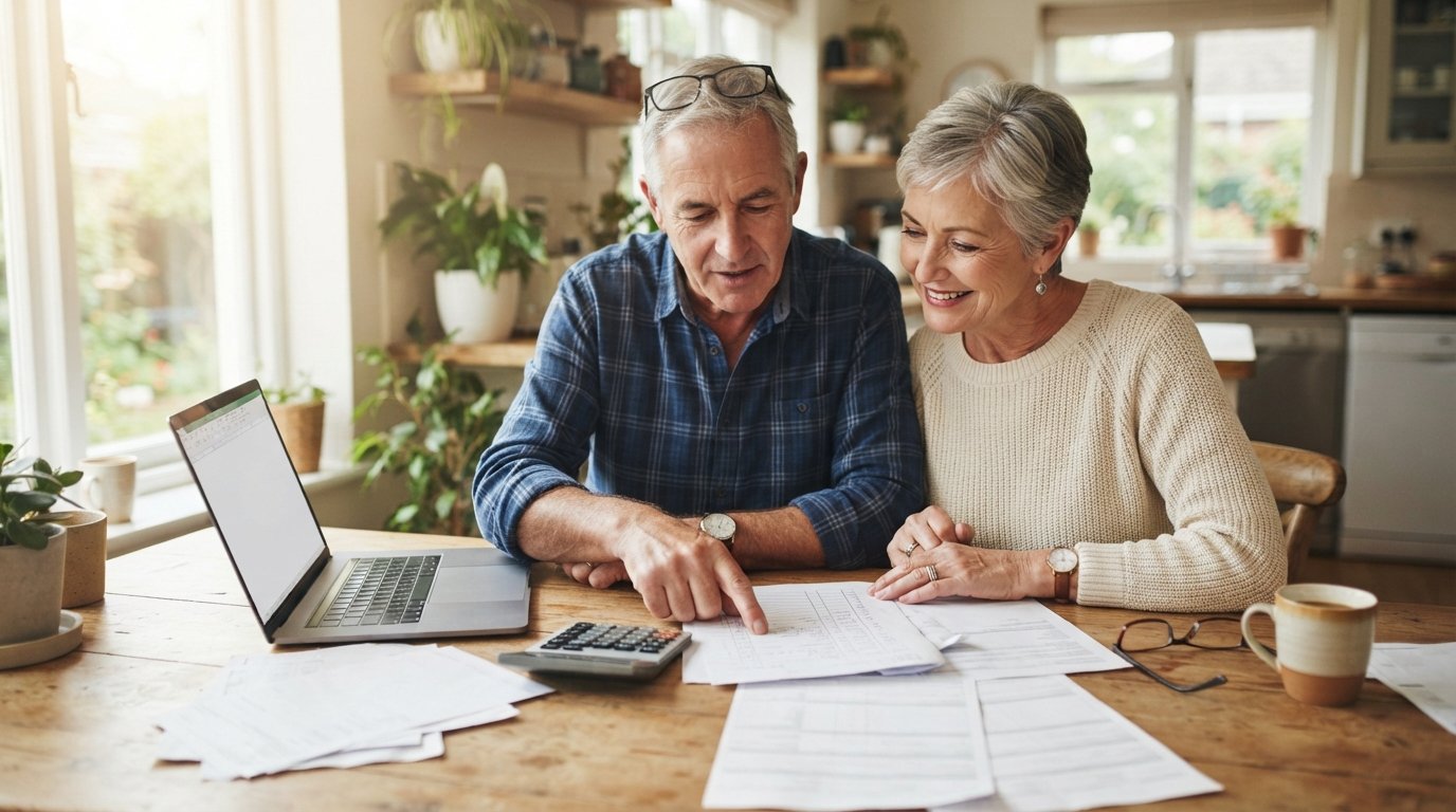 Retired couple at a sunlit kitchen table reviewing financial paperwork with a calculator and laptop