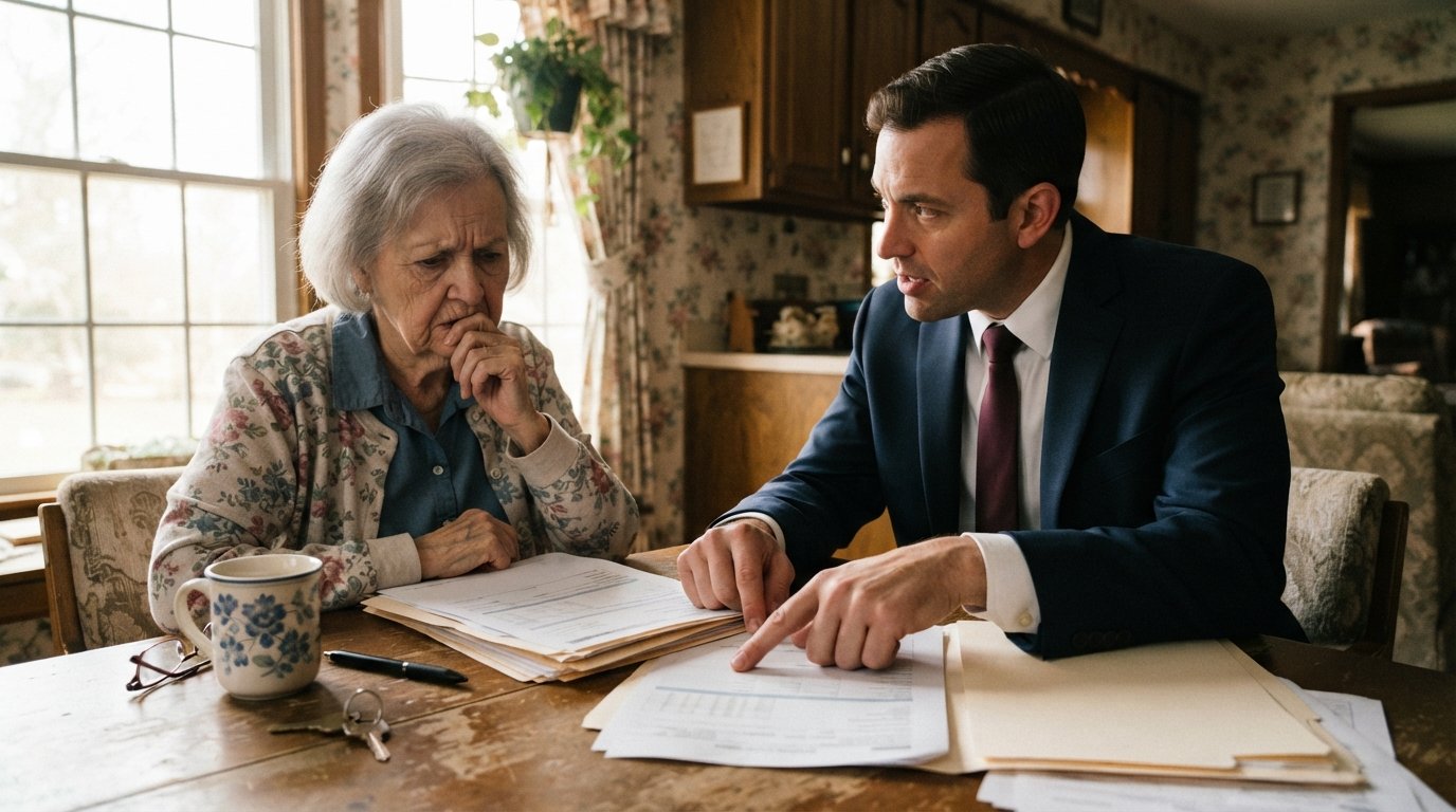 Elderly woman at a kitchen table frowning over mortgage paperwork while a suited man leans in and points at a signature line
