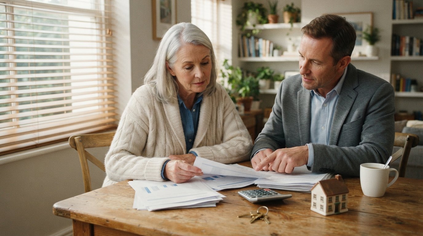 Silver-haired homeowner at a kitchen table reviewing property tax and insurance papers with a middle-aged advisor,…