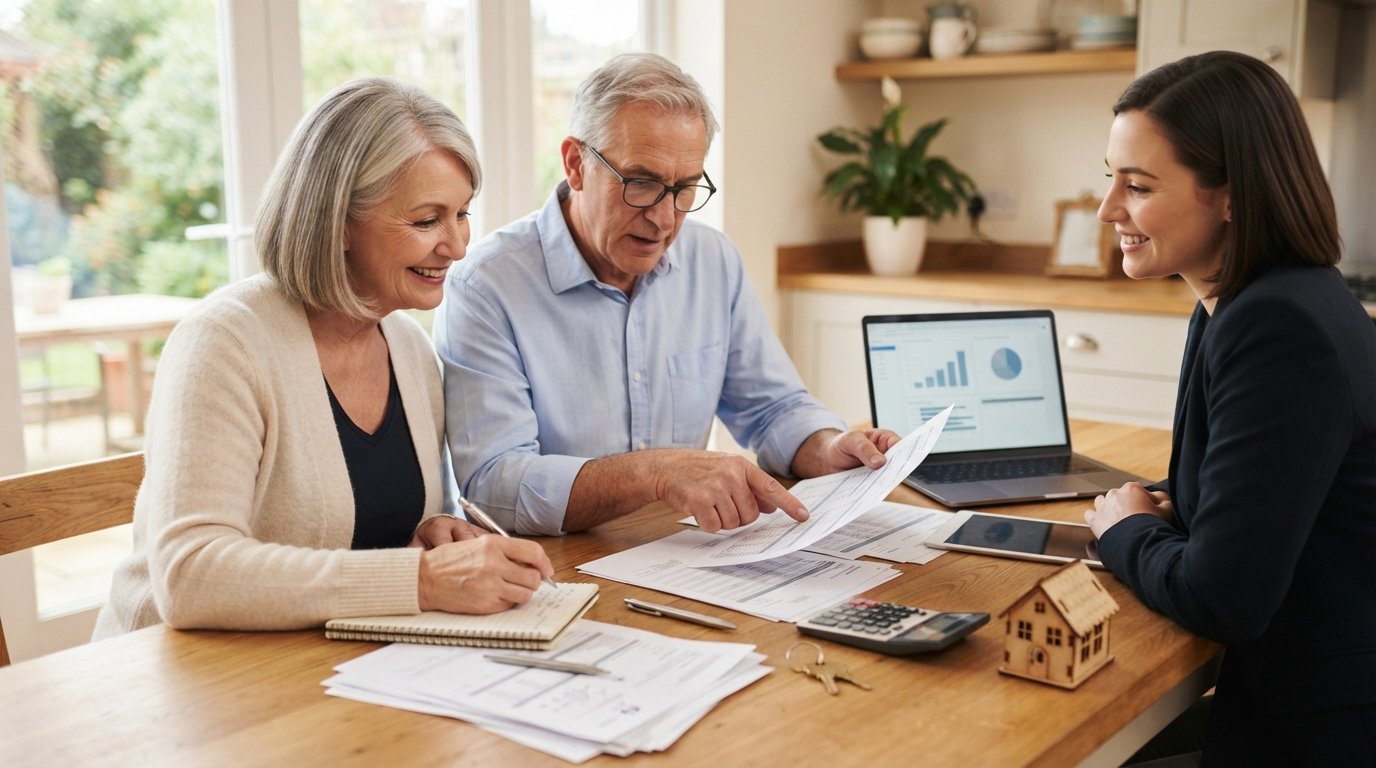 Older couple at a kitchen table with an advisor, comparing loan paperwork, a calculator, laptop, house key, and model home