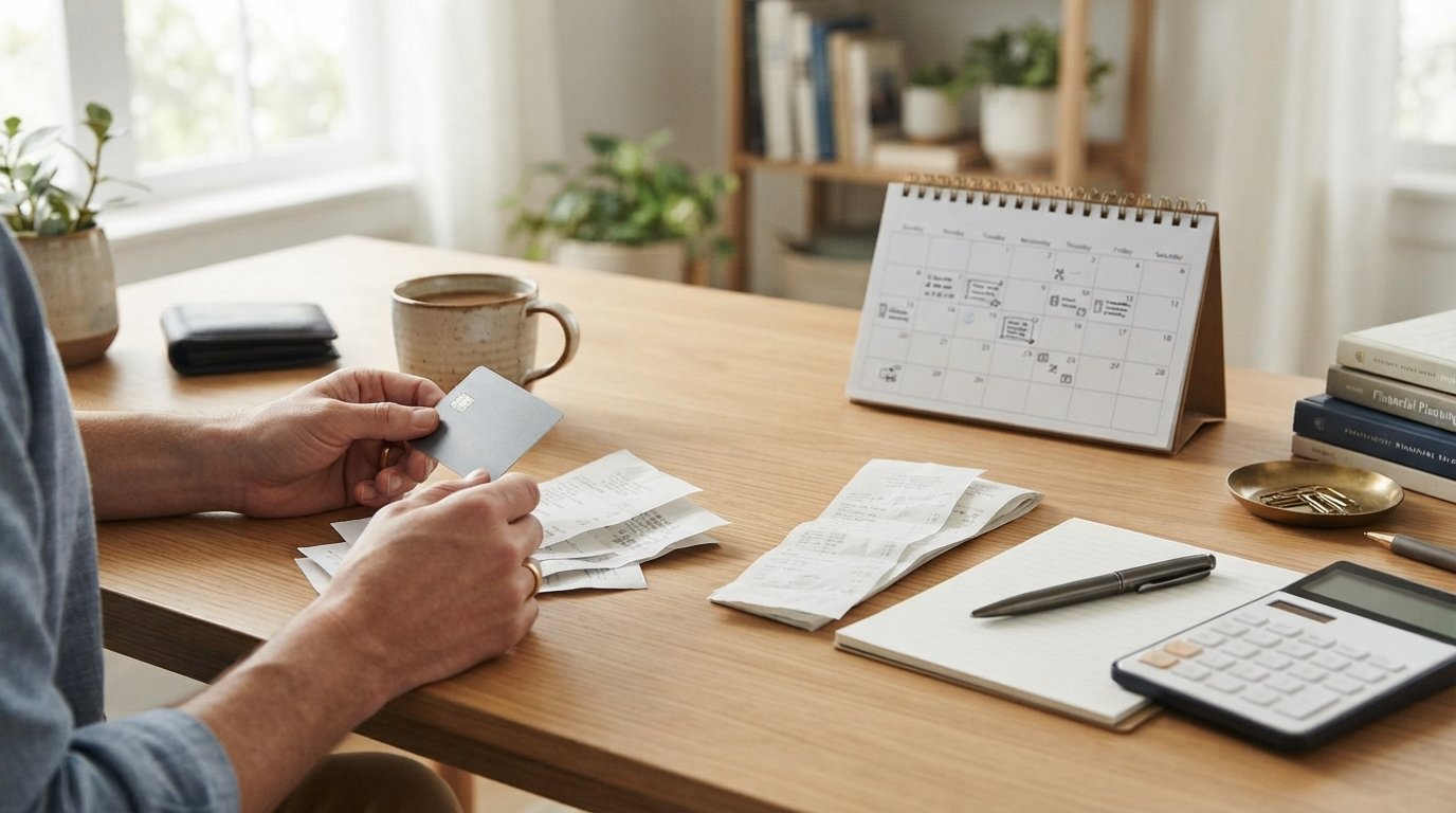 Hands holding a credit card near receipts beside a calendar, pen, and calculator on a wooden desk