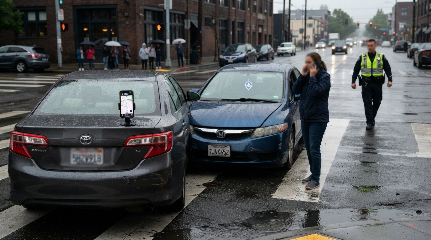 Two sedans with front-end damage at a rain-slicked intersection; a driver stands by an open door on a phone as a traffic…