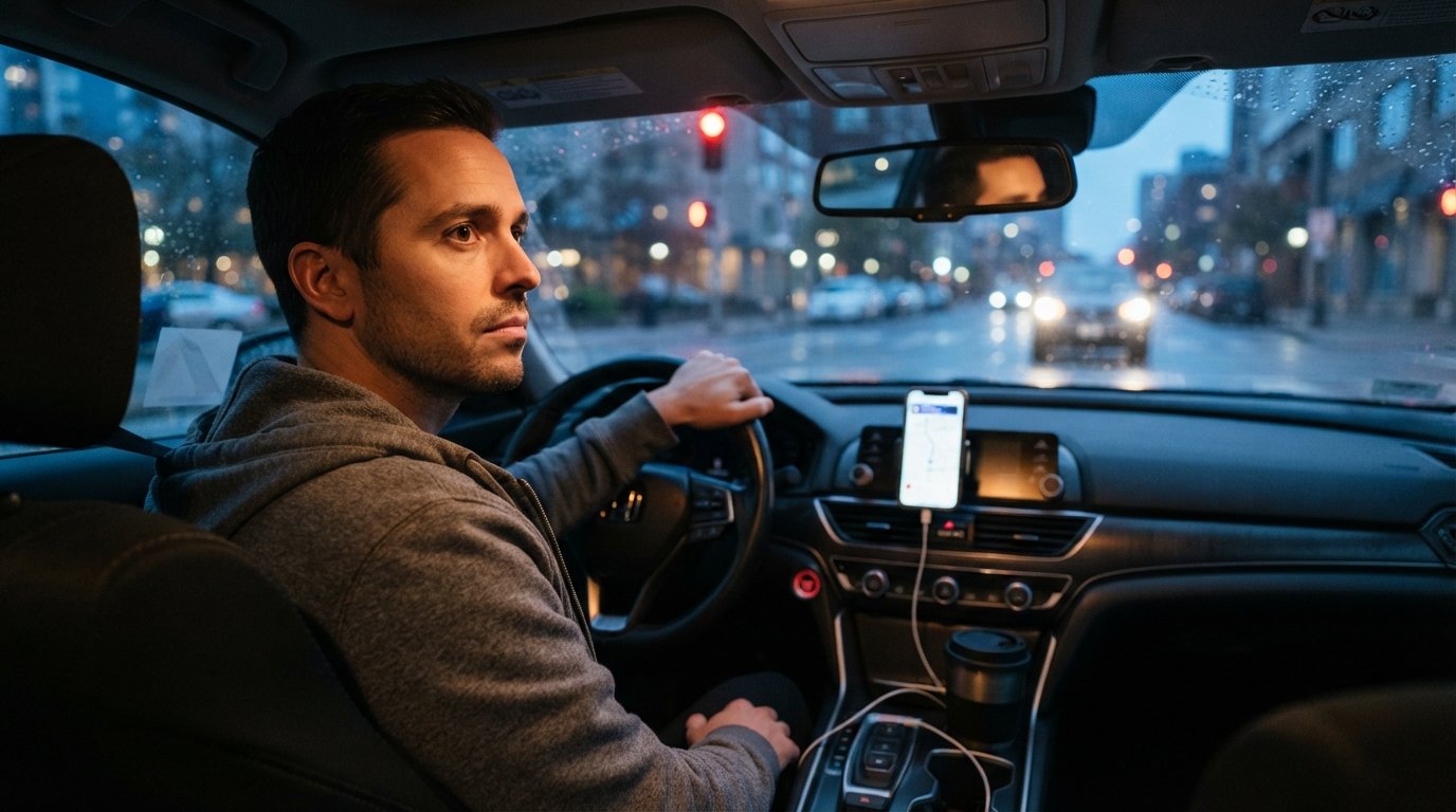 Rideshare driver in a gray hoodie at a red light, phone mounted on the dash showing a ride request, city traffic ahead and…