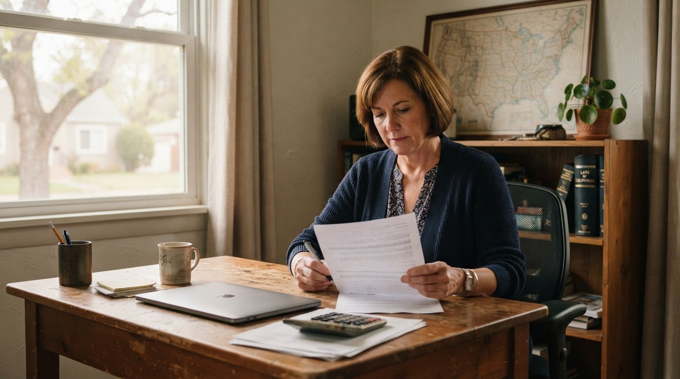 Middle-aged borrower in casual business attire reviewing a paper loan agreement at a wooden desk with a laptop, calculator,…