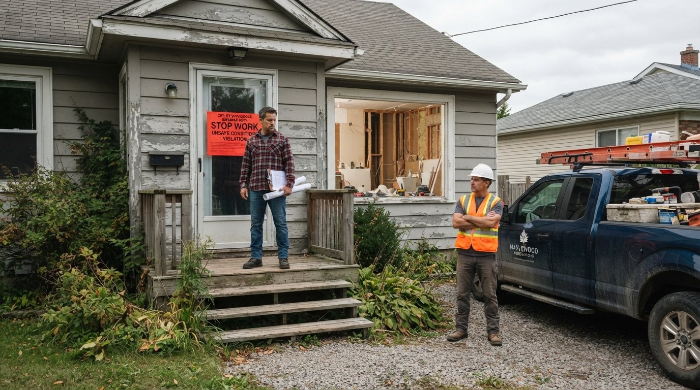 Homeowner in flannel shirt holding blueprints on a porch, looking at a red stop-work order taped to the front door, with a…