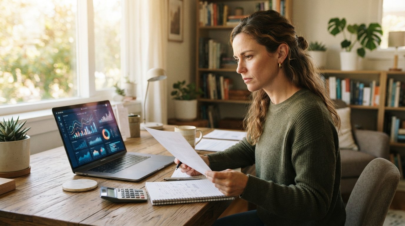 Working professional at a home office desk reviewing graduate school financial documents beside a laptop showing charts, a…
