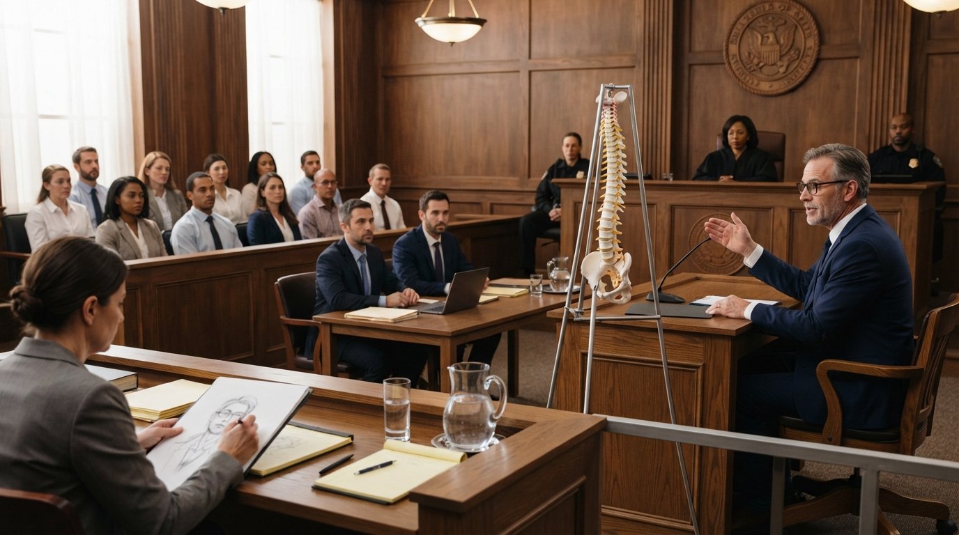 Expert witness in navy suit gestures toward an anatomical spine model while a jury watches in a wood-paneled courtroom
